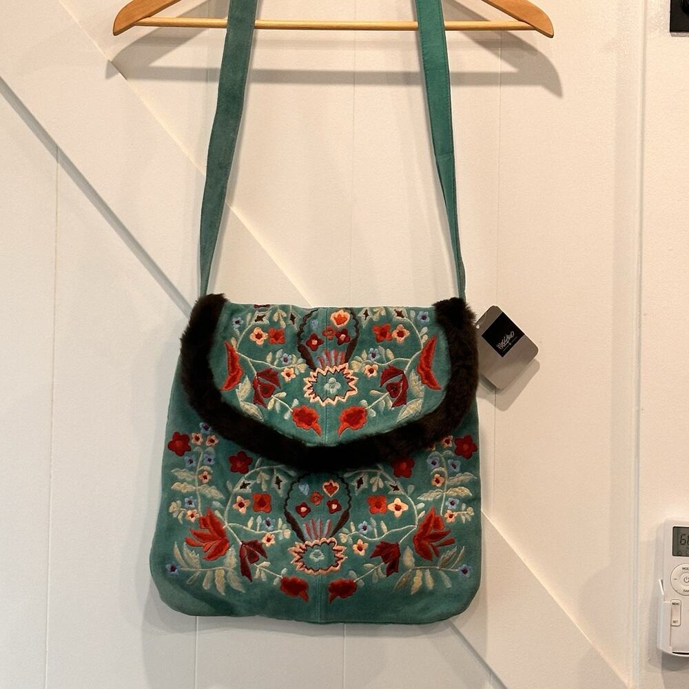 Mossimo Genuine Suede Leather Bag Purse Faux Fur Trim Embroidered Floral Boho